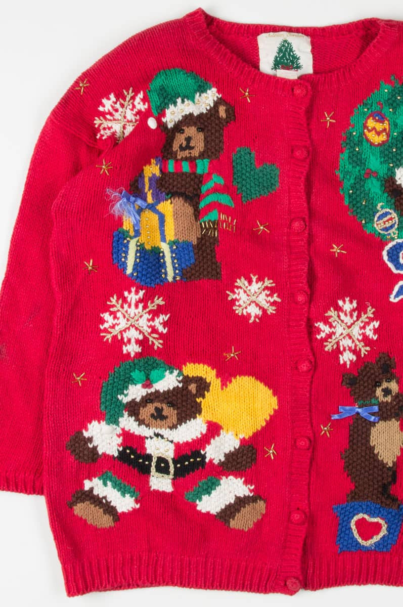 Red Cute Teddy Bears Christmas Cardigan 55262