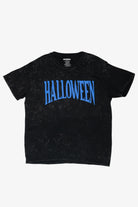 Black acid wash t-shirt featuring arched blue HALLOWEEN text across the chest