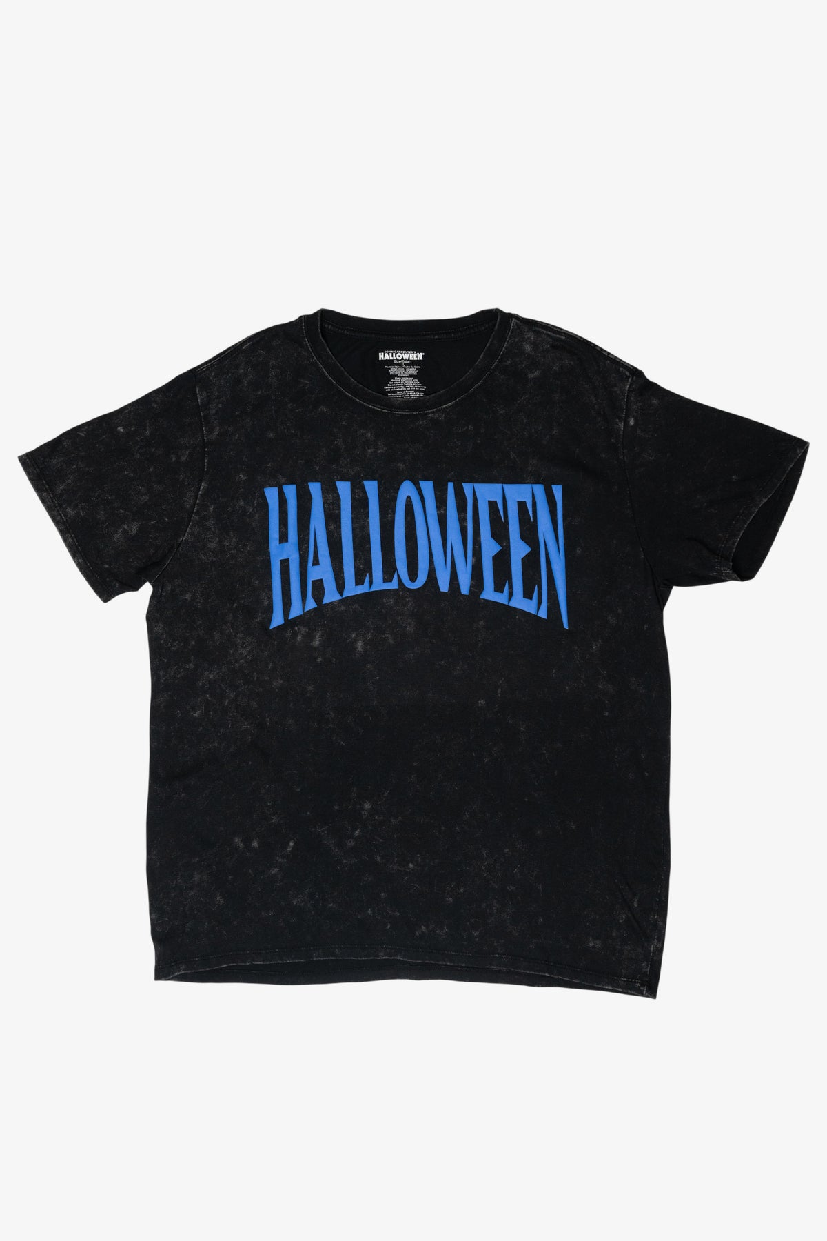 Black acid wash t-shirt featuring arched blue HALLOWEEN text across the chest