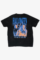Black mineral wash t-shirt with blue and orange Halloween The Night He Came Home graphic