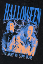 Halloween graphic tee with blue and orange movie montage and text Halloween The Night He Came Home