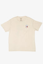 Cream short-sleeve crewneck t-shirt with a small Peanuts Snoopy graphic on the chest