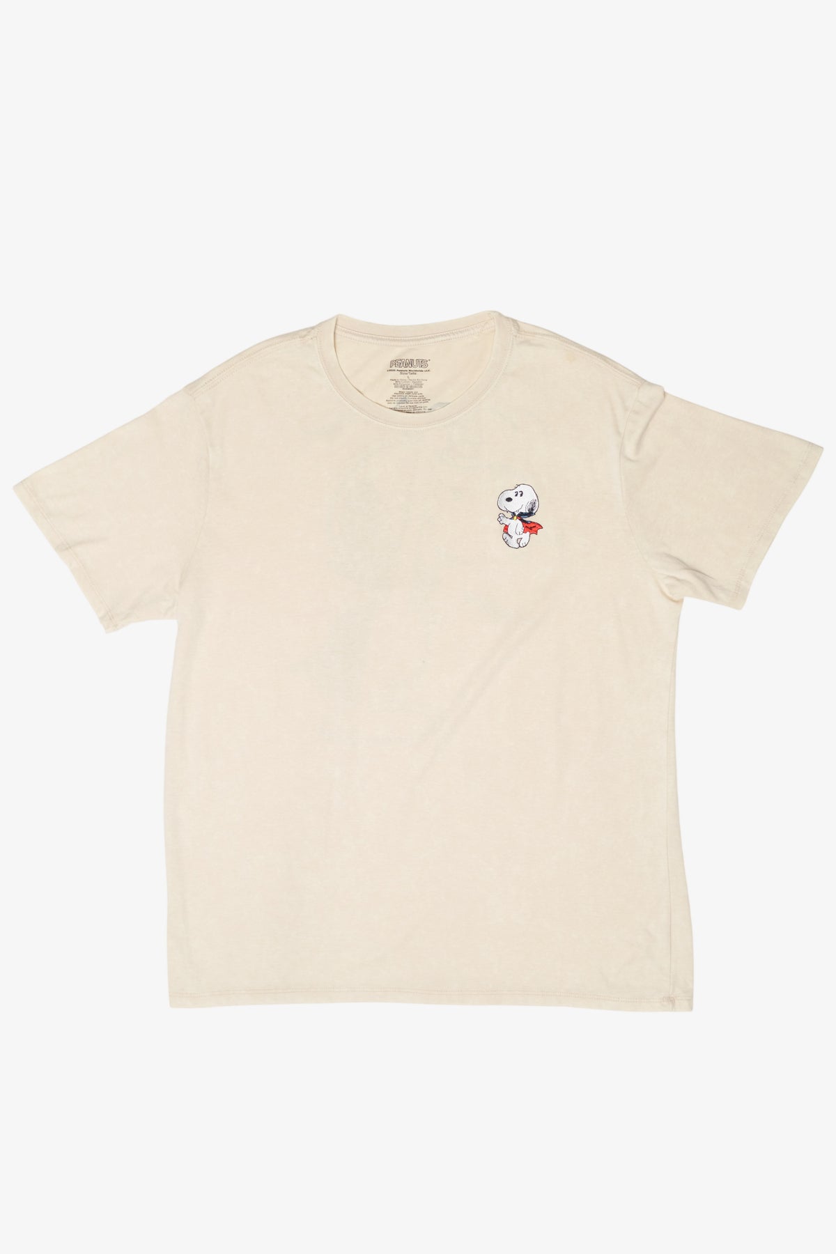 Cream short-sleeve crewneck t-shirt with a small Peanuts Snoopy graphic on the chest