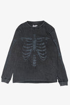 Dark washed gray waffle knit long-sleeve shirt featuring a faded skeleton graphic across the chest and arms