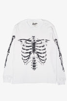 White long-sleeve thermal shirt with black distressed skeleton rib cage and arm bone graphics