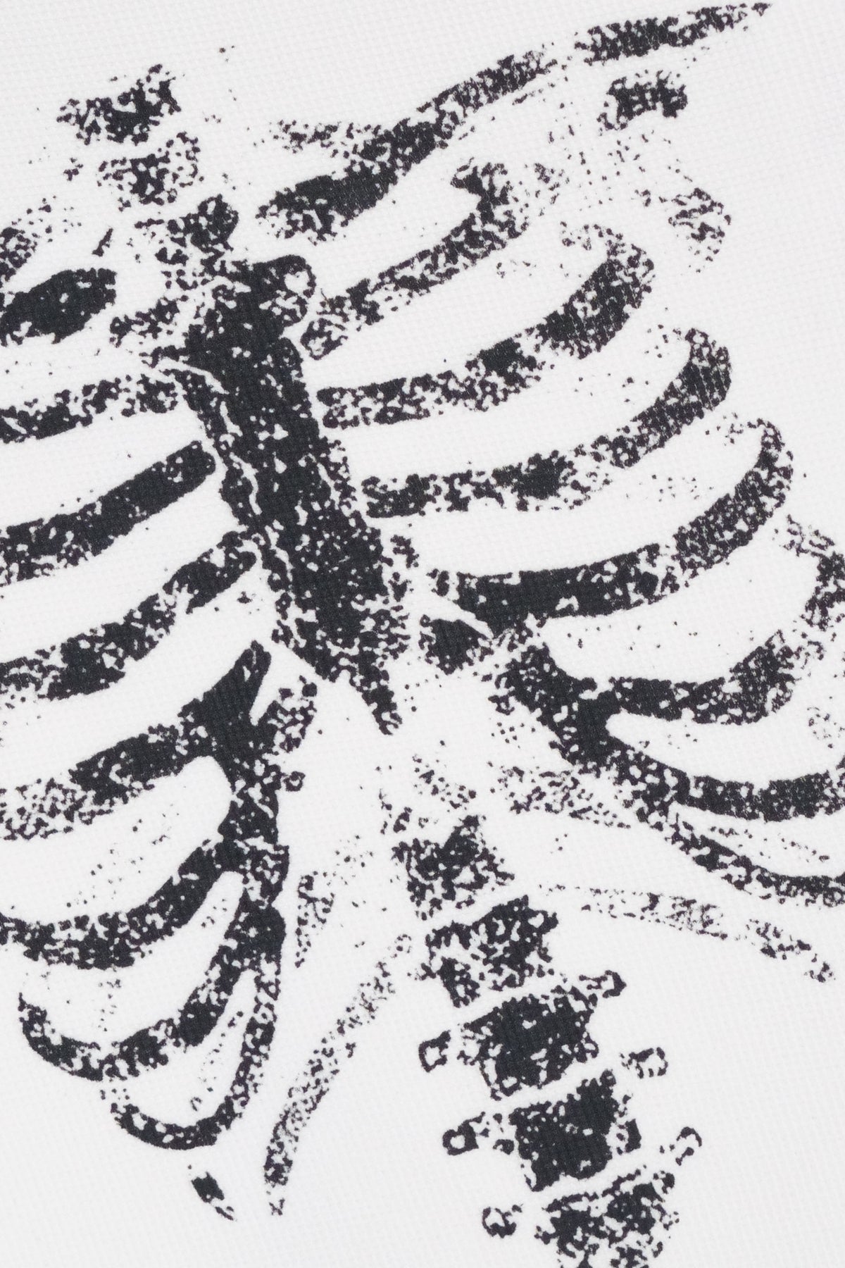 Distressed black skeleton ribcage graphic printed on white fabric