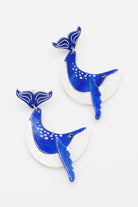 Blue and white acrylic humpback whale drop earrings