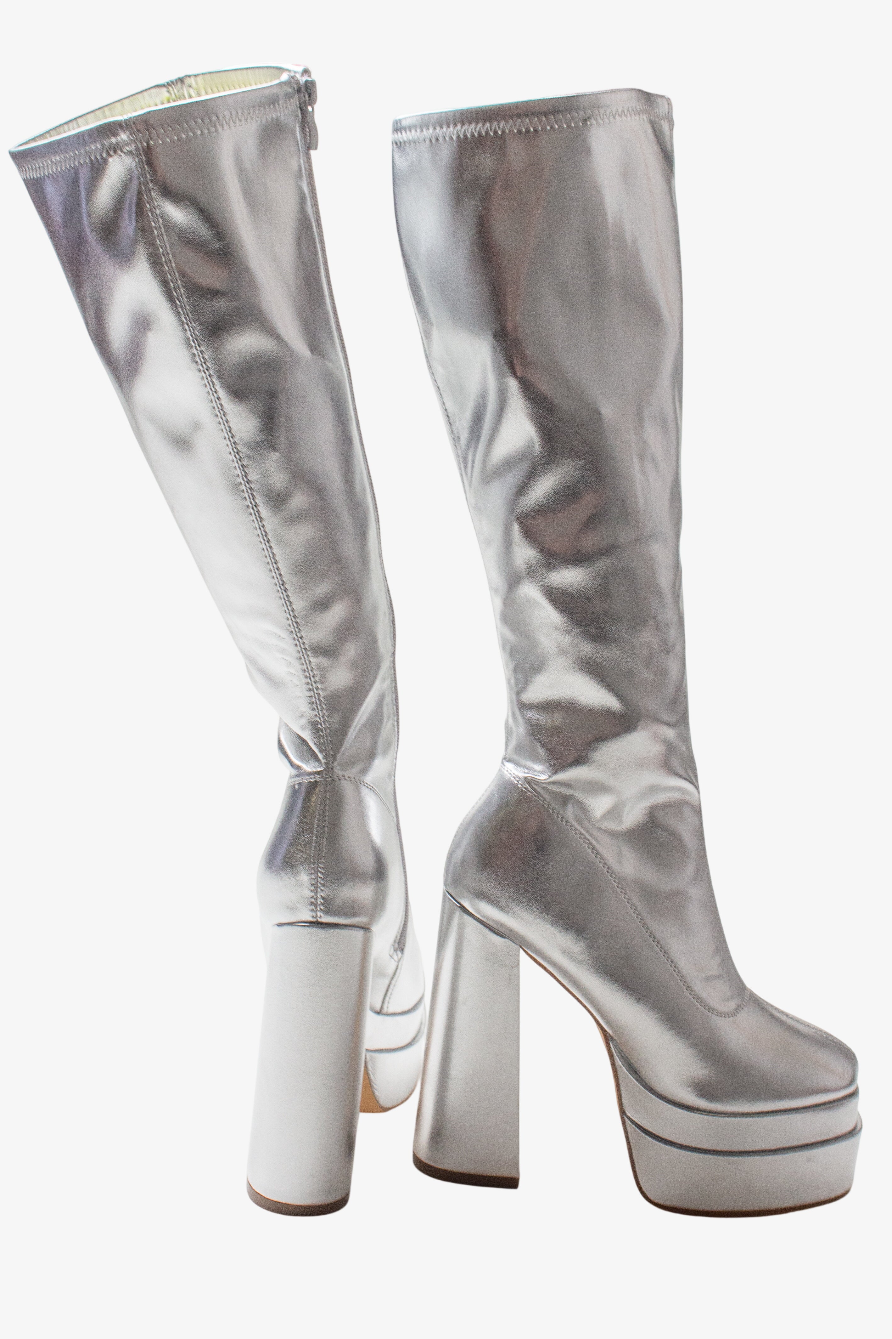 Metallic Silver Chunky GoGo Boots