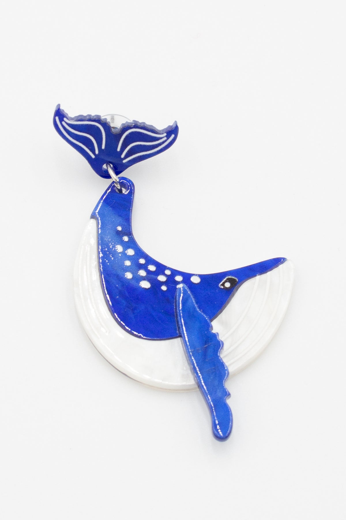 Blue and white acrylic whale drop earring