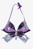 Purple iridescent sequin butterfly halter top with beaded trim
