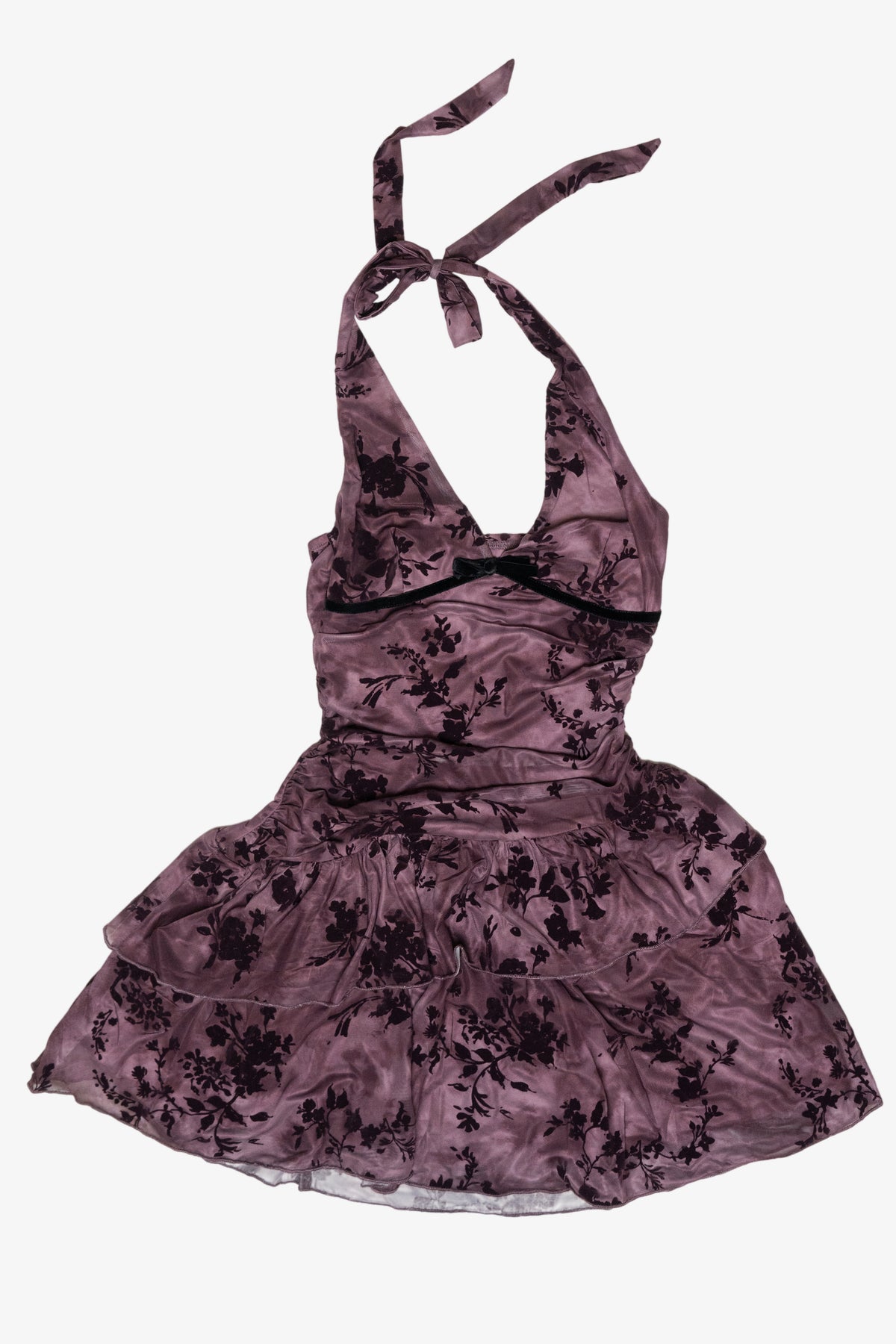Velvet Trim Asymmetrical Ruffle Mini Dress 