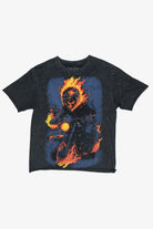 Charcoal washed t-shirt with a graphic of a flaming skull riding a motorcycle