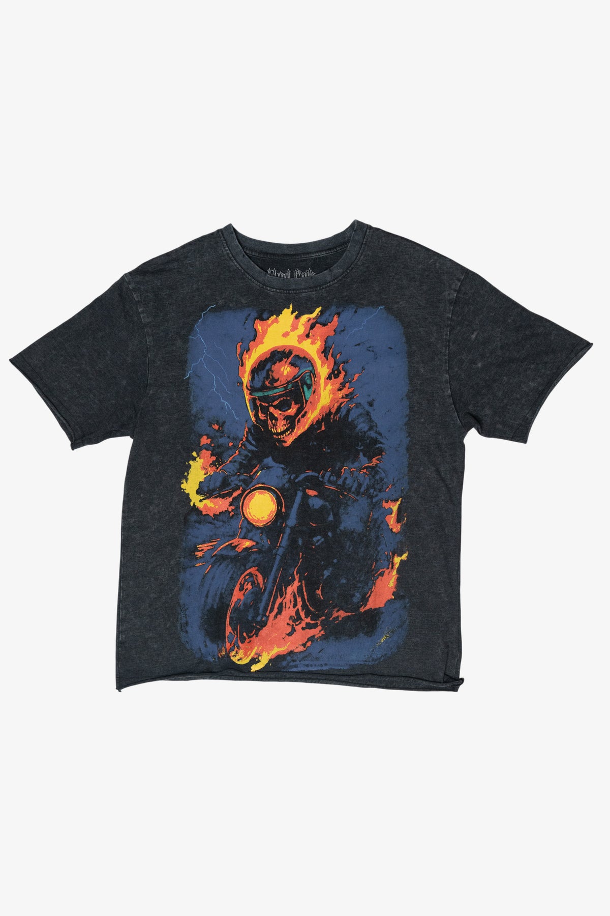 Charcoal washed t-shirt with a graphic of a flaming skull riding a motorcycle