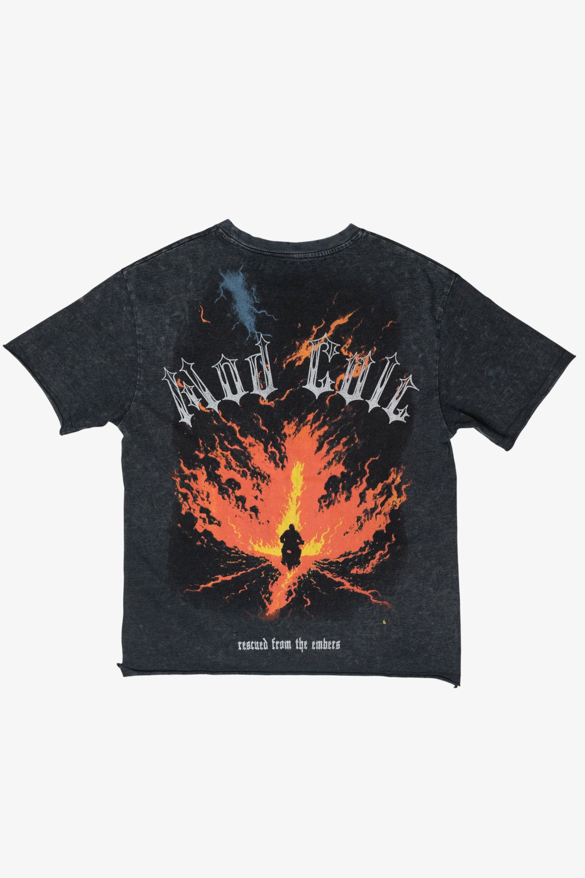 Back of a washed black graphic T-shirt with a flaming motorcycle graphic and text reading rescued from the embers