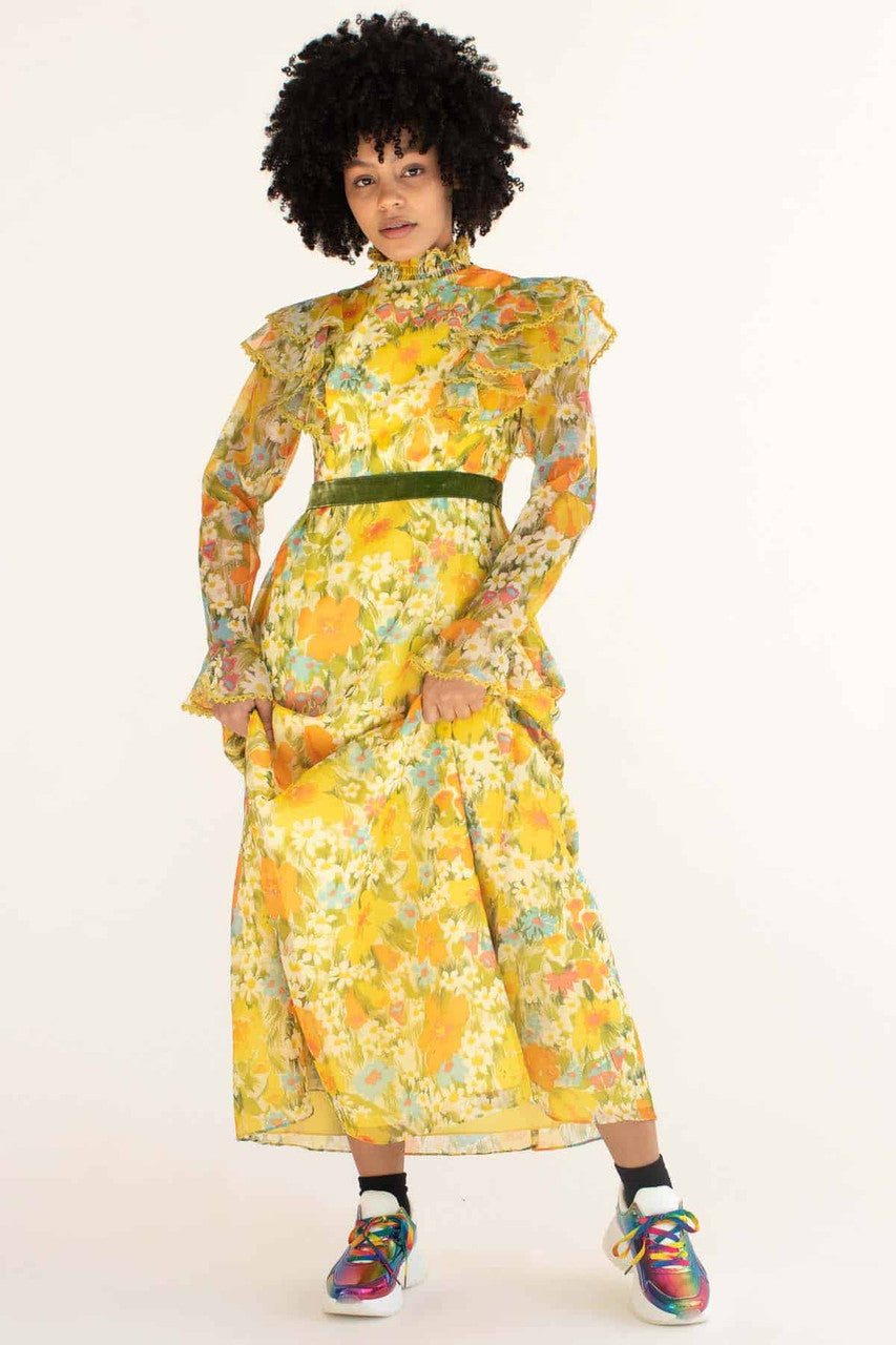 Vintage 70s Style Ruffle Floral Dress