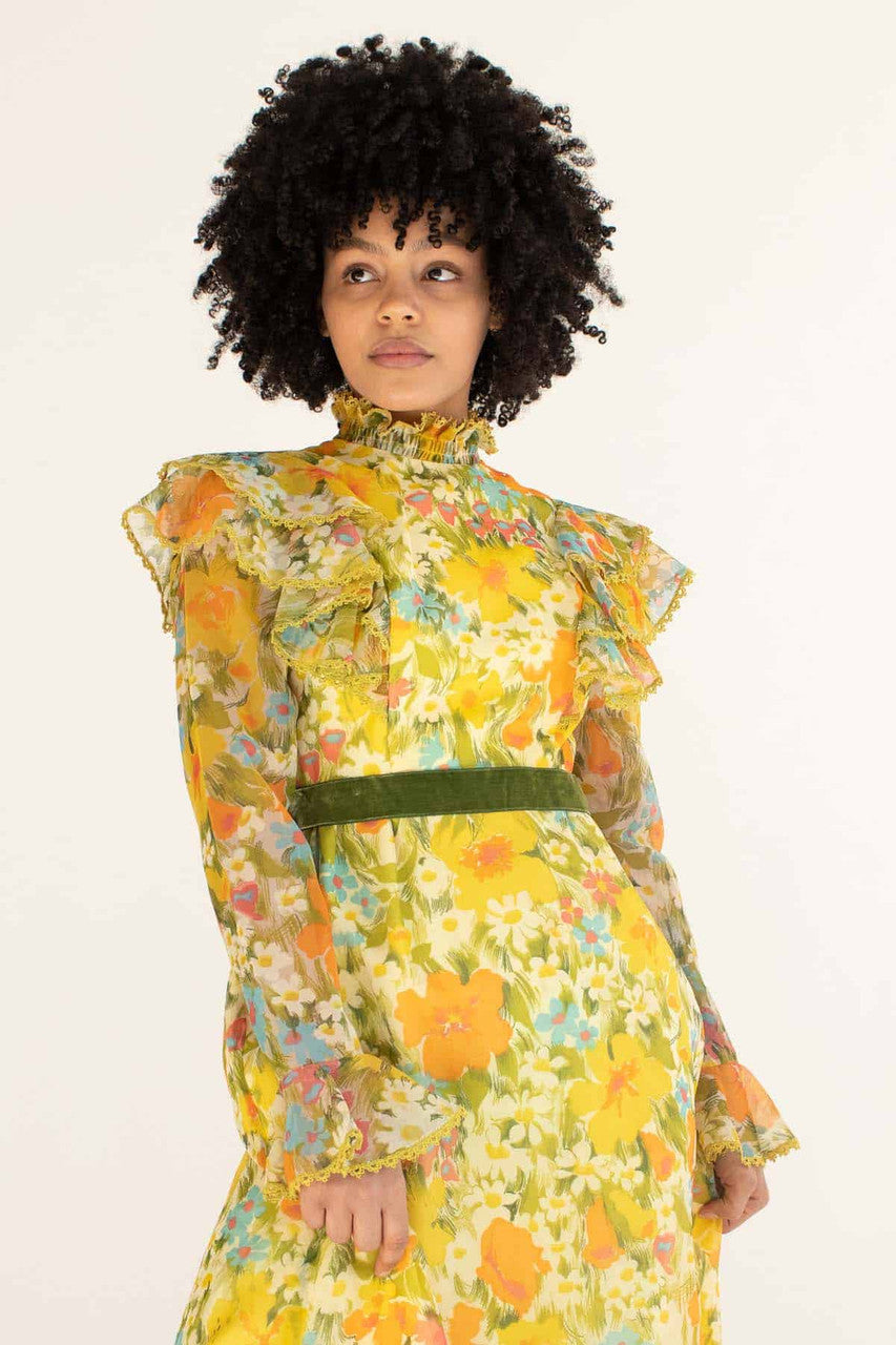 Vintage 70s Style Ruffle Floral Dress