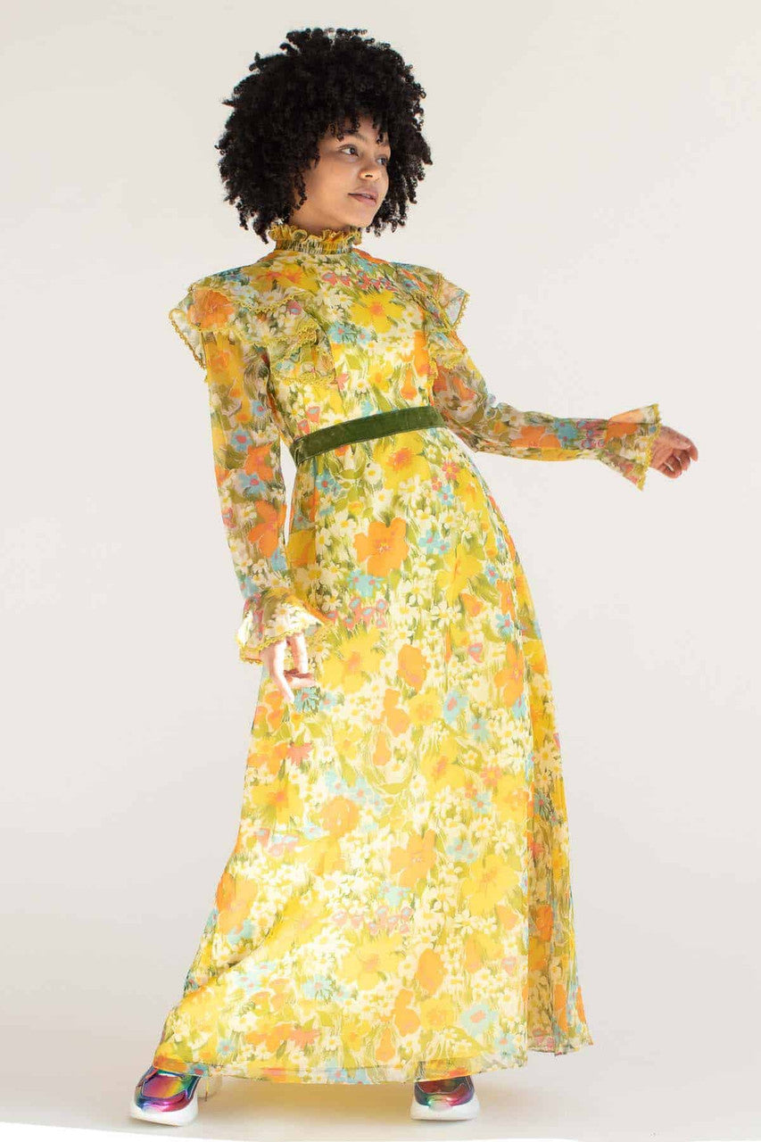 Vintage 70s Style Ruffle Floral Dress