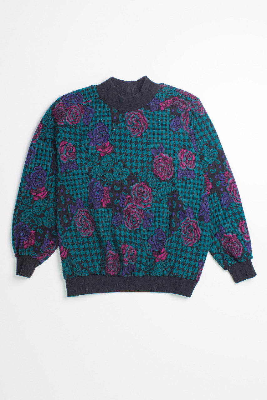 Floral Houndstooth Mockneck 80s Sweater