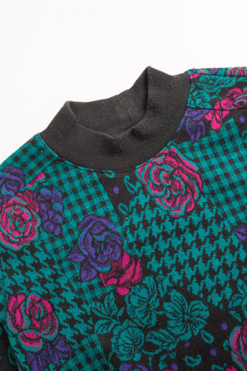 Floral Houndstooth Mockneck 80s Sweater
