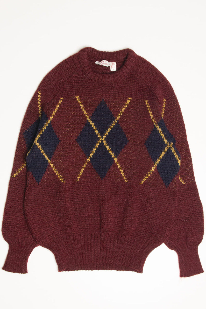 Vintage Burgundy Argyle 80s Sweater 3648