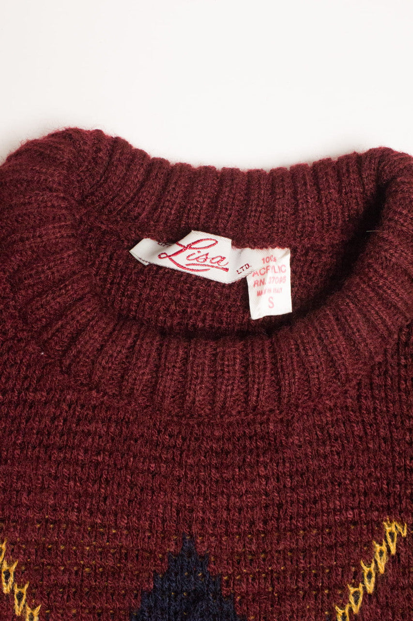 Vintage Burgundy Argyle 80s Sweater 3648