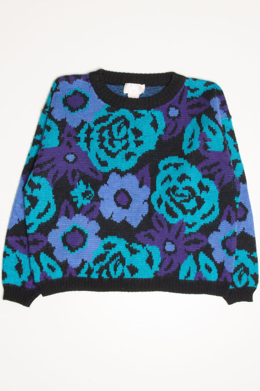 Vintage Teal Floral 80s Sweater 3668