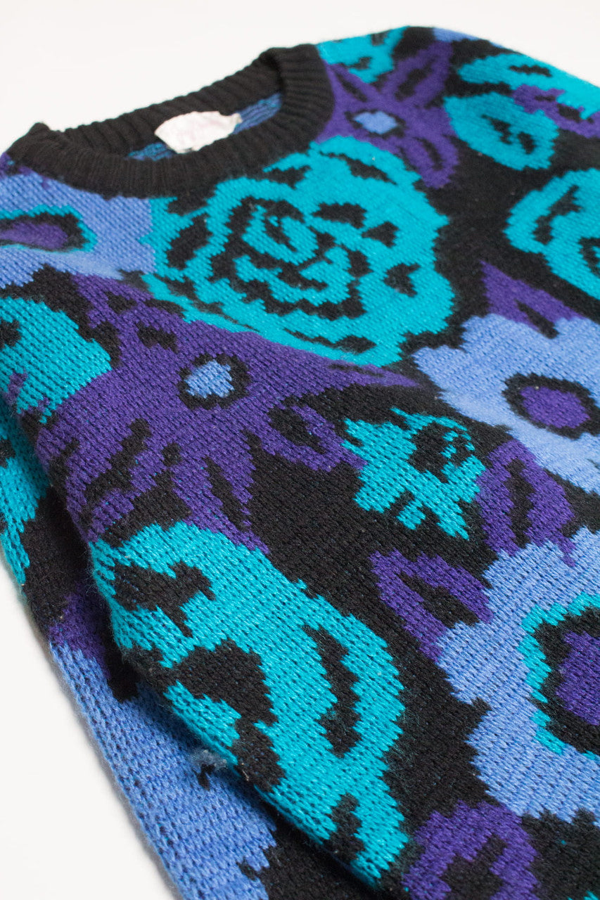 Vintage Teal Floral 80s Sweater 3668