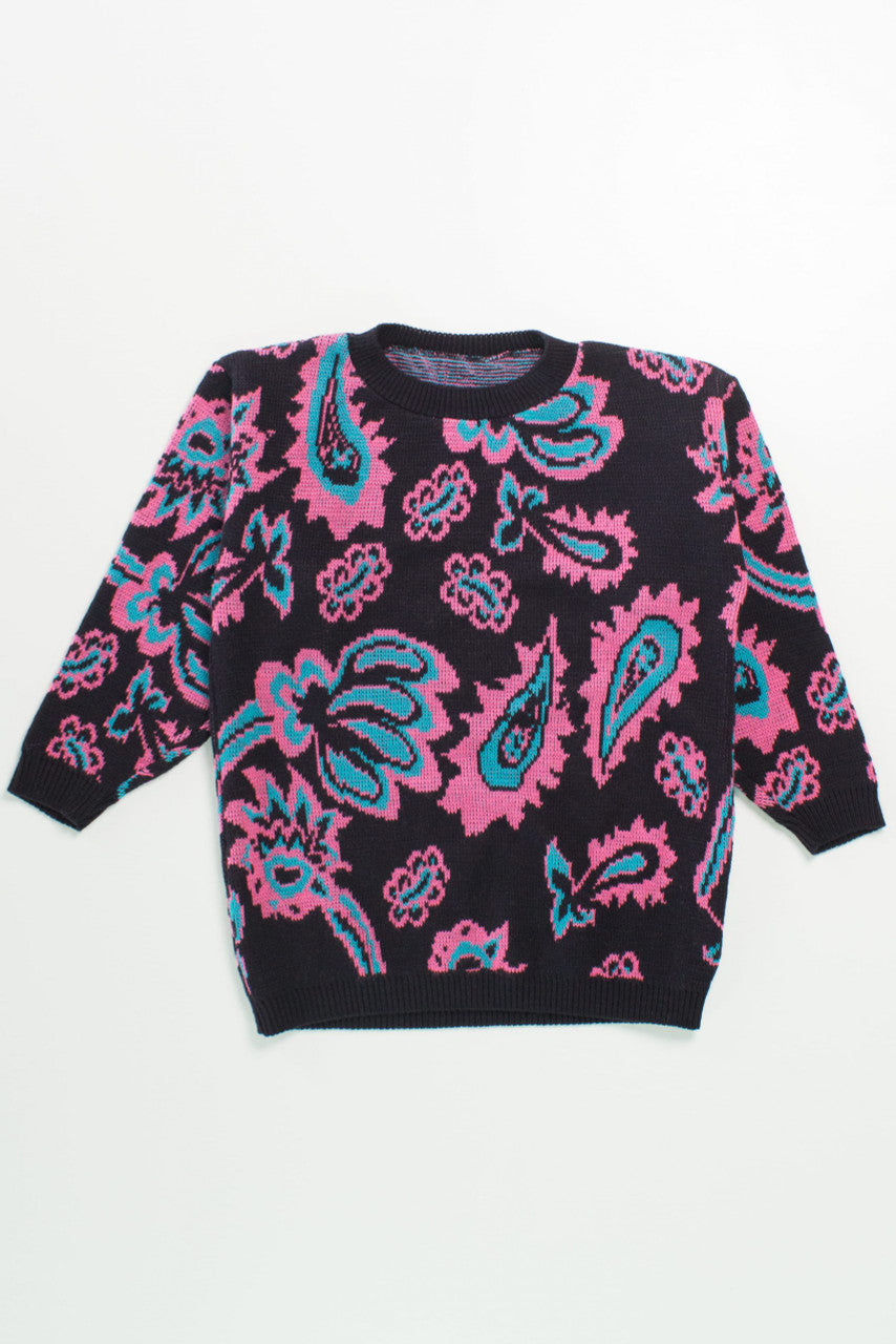 Vintage Black Pink and Blue Floral 80s Sweater