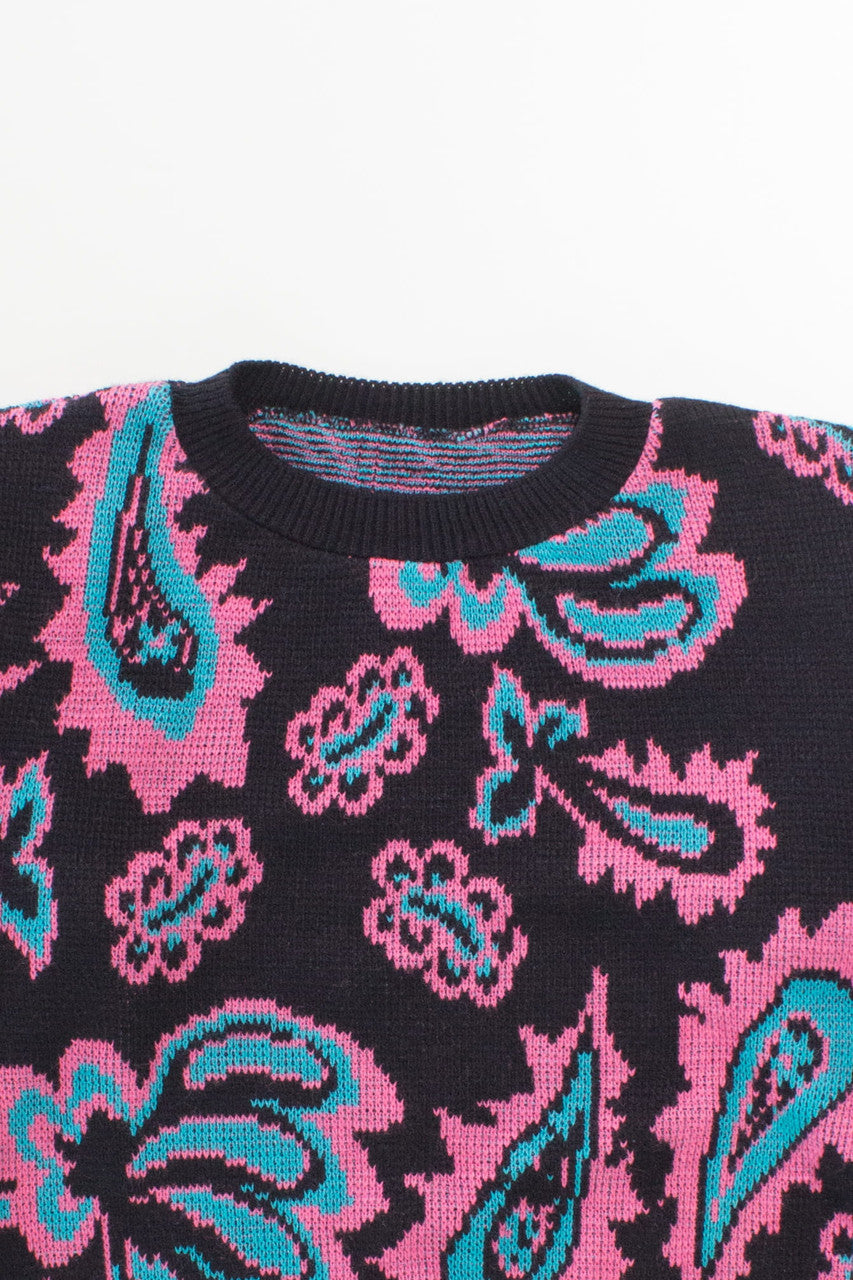 Vintage Black Pink and Blue Floral 80s Sweater