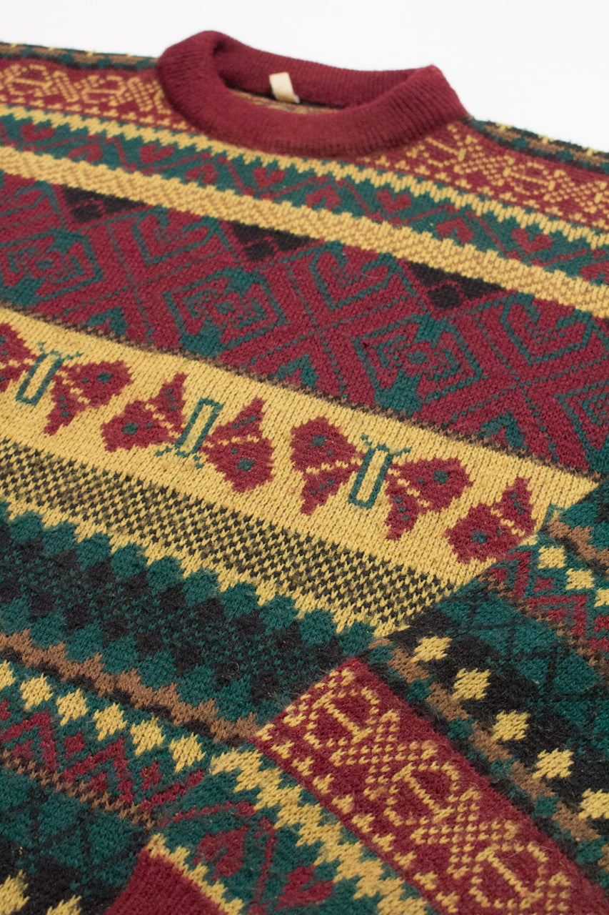 Burgundy & Mustard Butterfly Patterned 80s Sweater