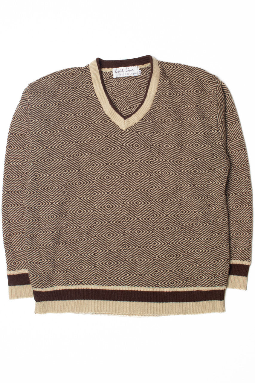 Vintage Brown And Beige Geometric Print V-Neck 80s Sweater