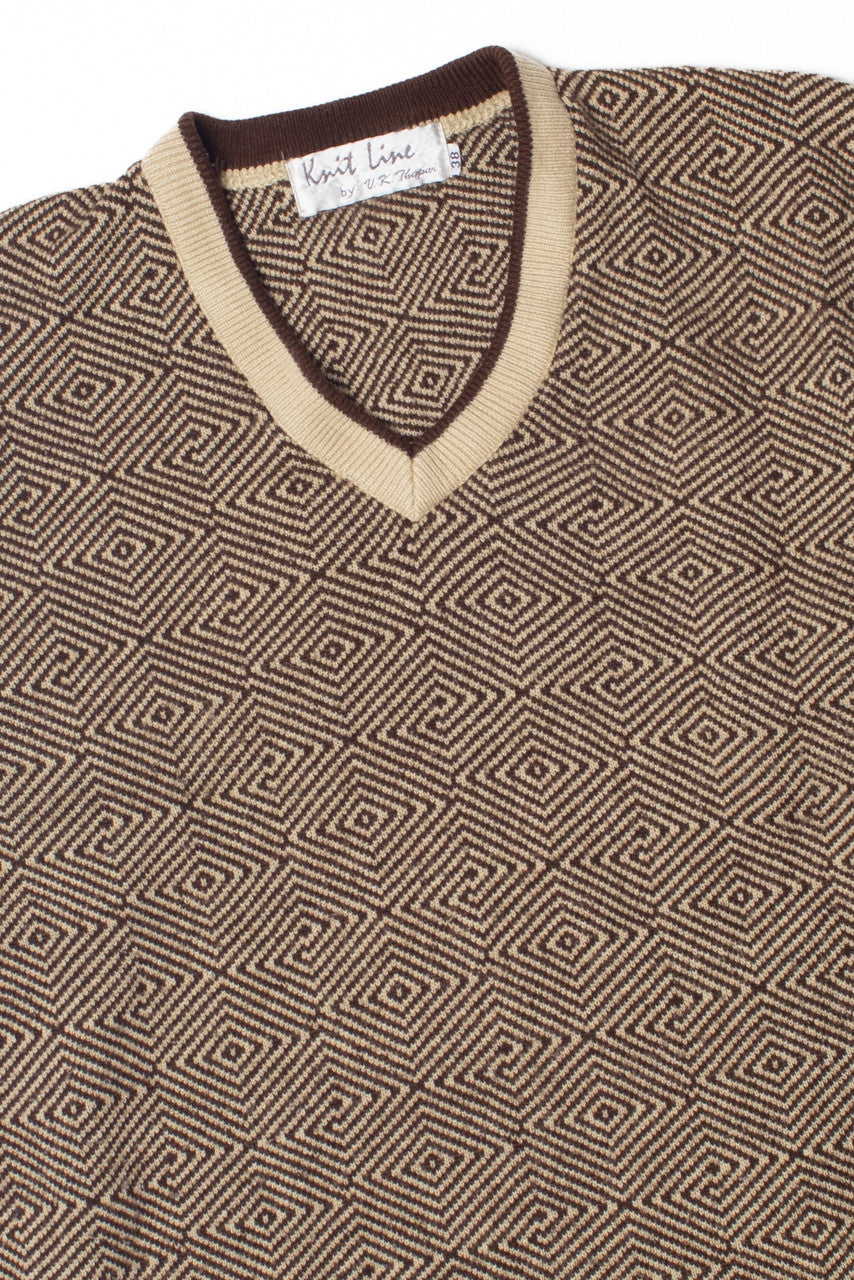 Vintage Brown And Beige Geometric Print V-Neck 80s Sweater