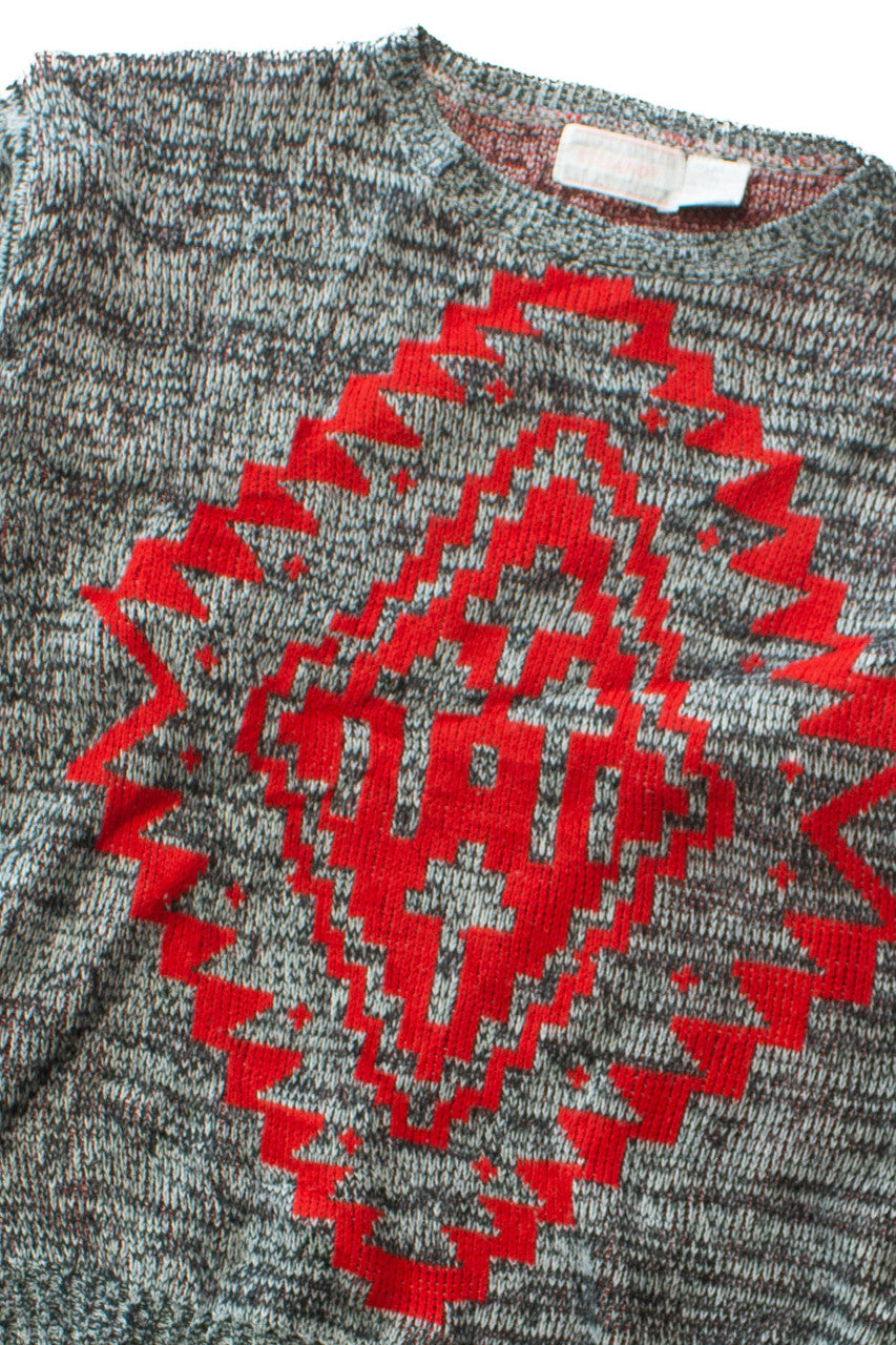 Vintage Red-On-Gray Design 80s Sweater (1980s)