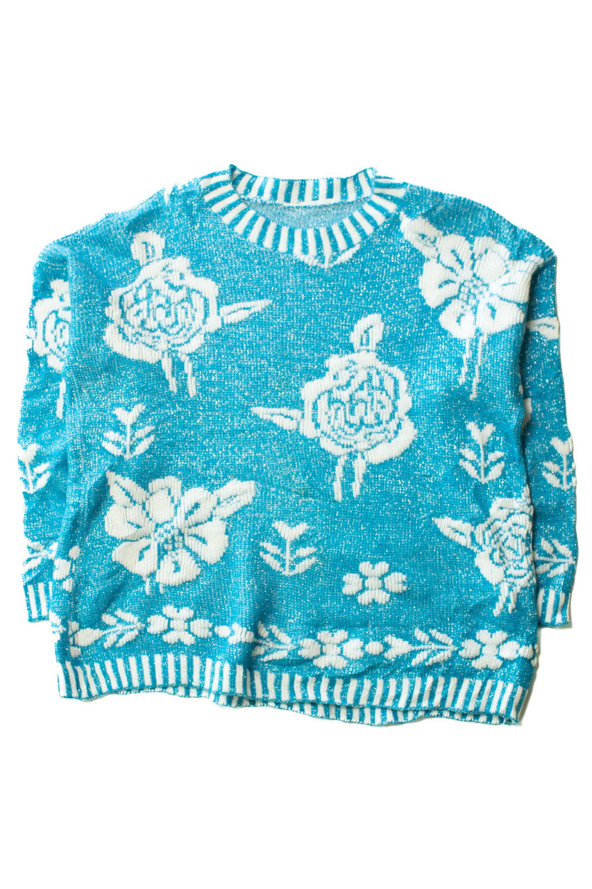 Vintage Blue Metallic Floral 80s Sweater (1980s)
