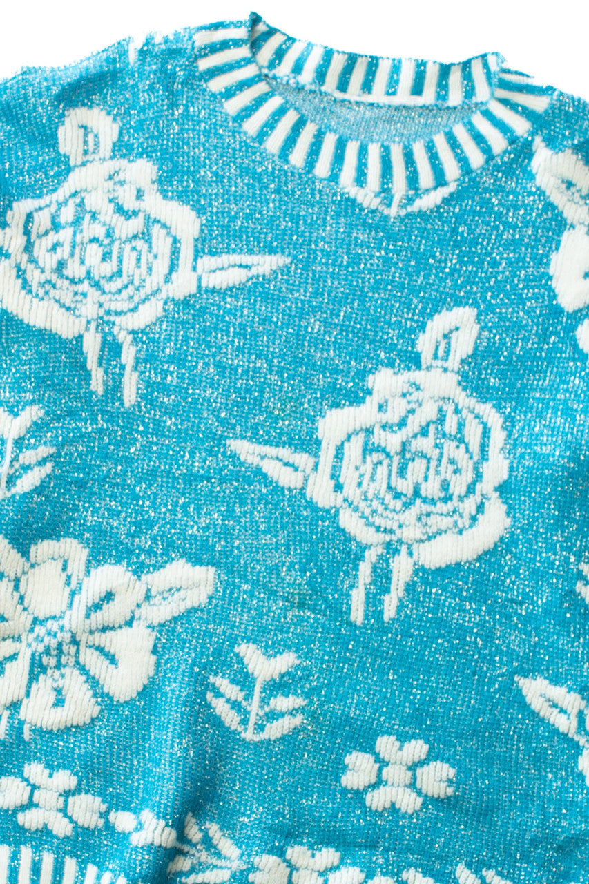 Vintage Blue Metallic Floral 80s Sweater (1980s)