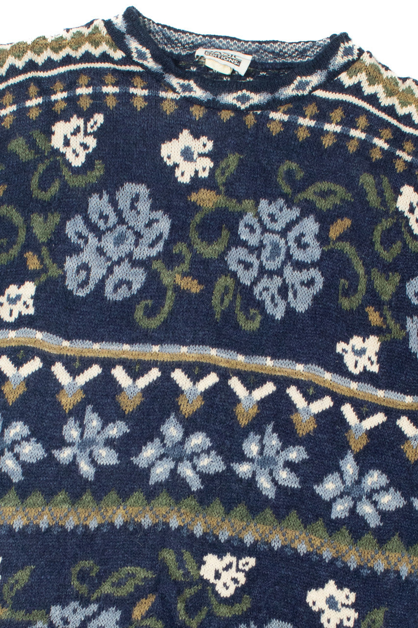 Vintage Blue Floral Basic Editions 80s Sweater Dress