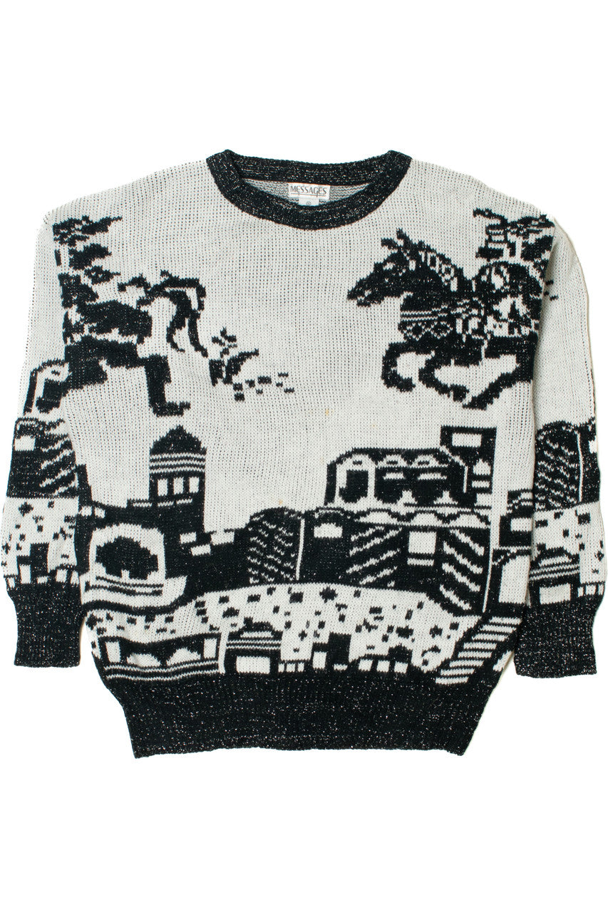 Vintage Horses Over Village 80s Sweater