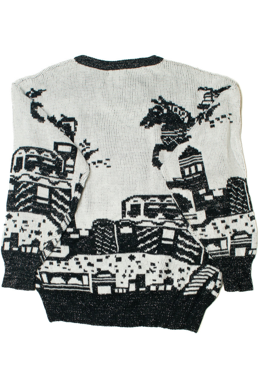 Vintage Horses Over Village 80s Sweater