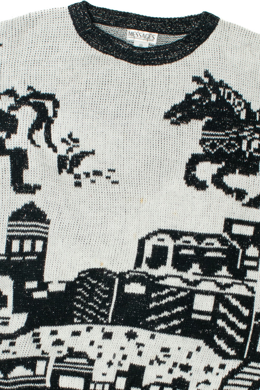 Vintage Horses Over Village 80s Sweater