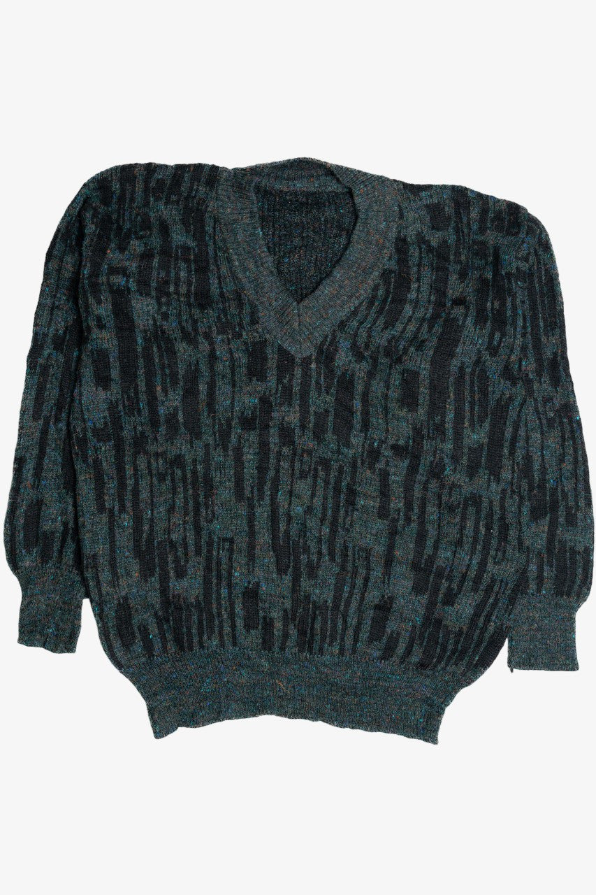 Vintage V-Neck Glitchy Green 80s Sweater (1980s)