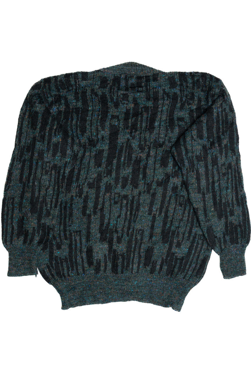 Vintage V-Neck Glitchy Green 80s Sweater (1980s)