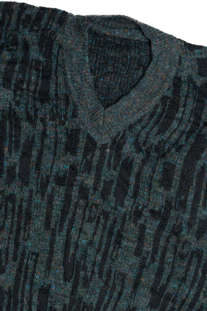 Vintage V-Neck Glitchy Green 80s Sweater (1980s)