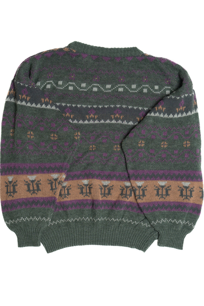 Vintage Green Flower Motif 80s Sweater