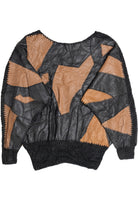 Vintage Leather Crochet Patchwork Batwing 80s Sweater (1980s)