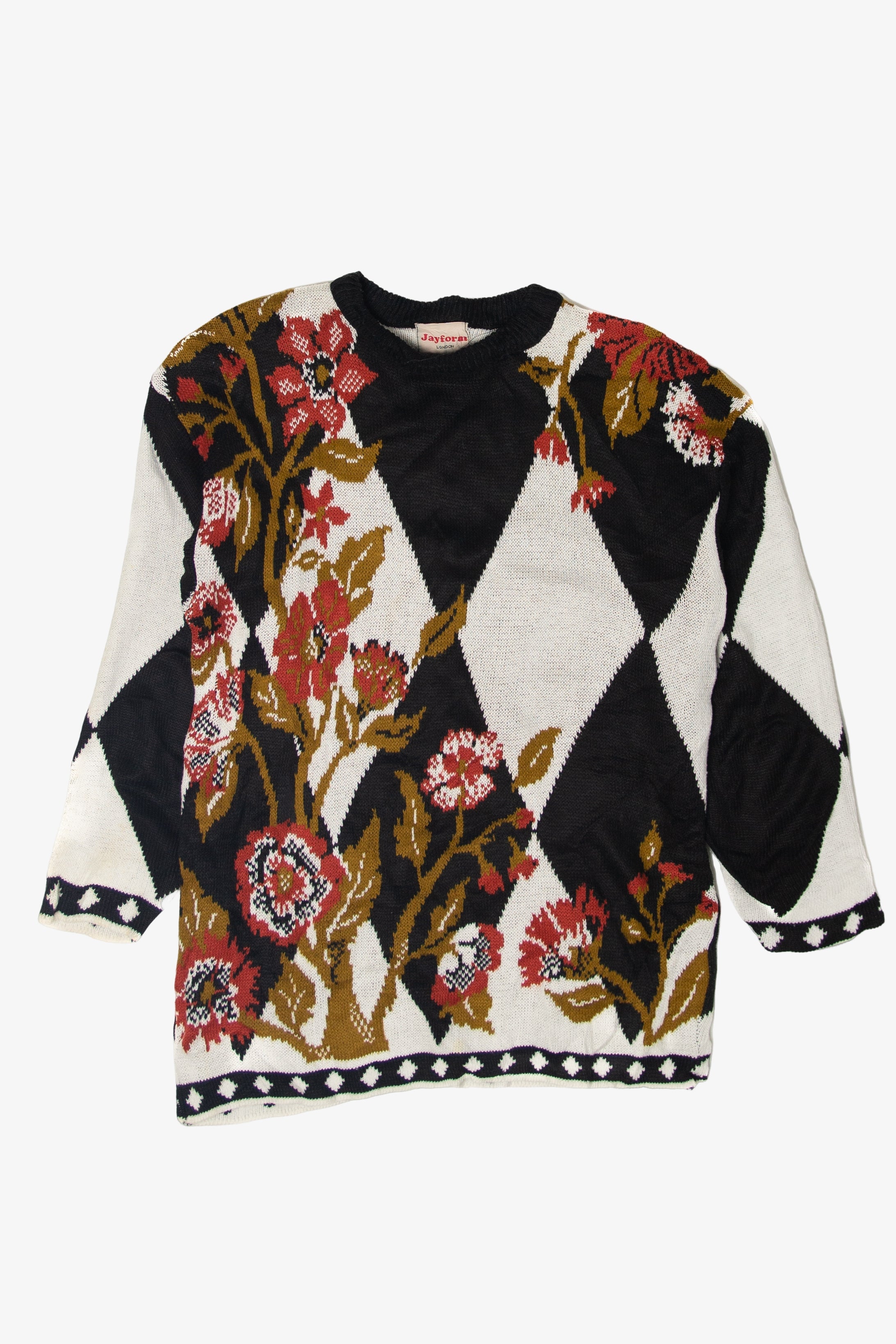 Vintage Jayform 80s Black And White Diamonds With Flowers Sweater (1980s)