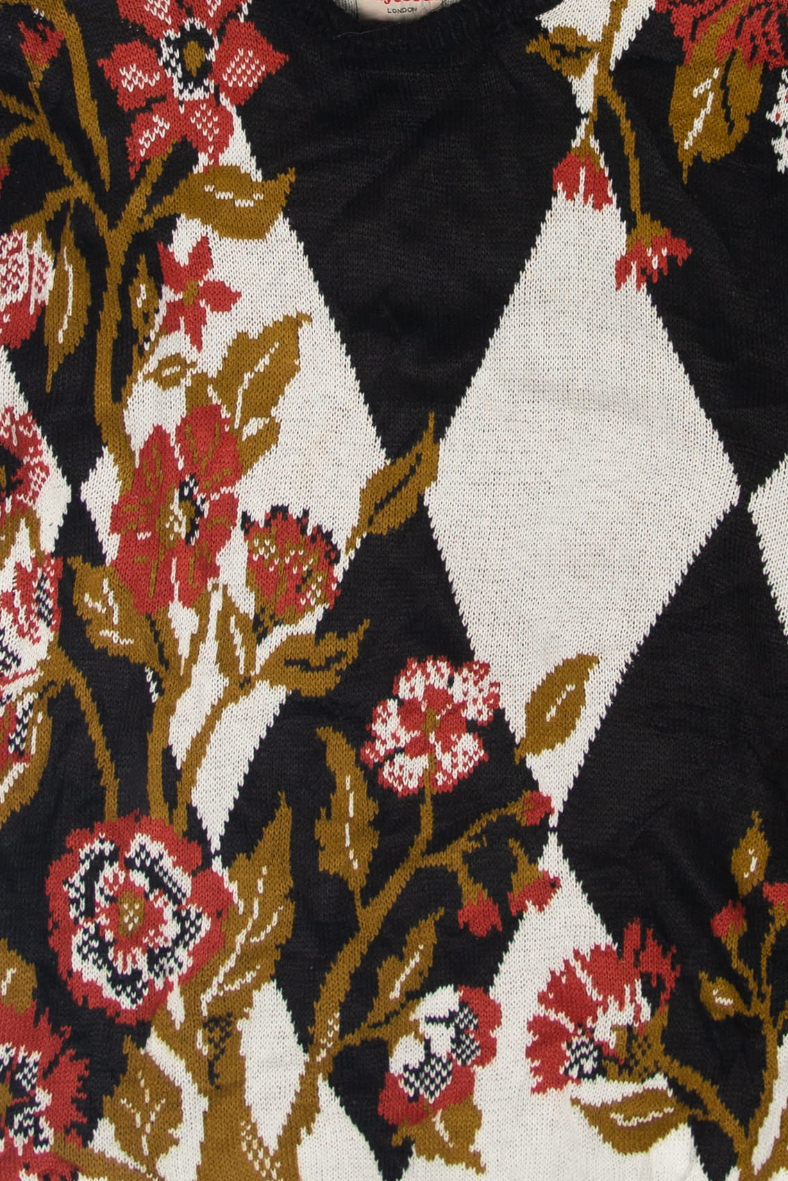Vintage Jayform 80s Black And White Diamonds With Flowers Sweater (1980s)