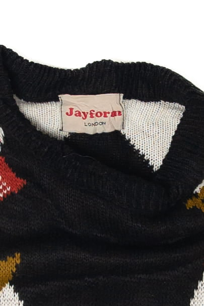 Vintage Jayform 80s Black And White Diamonds With Flowers Sweater (1980s)