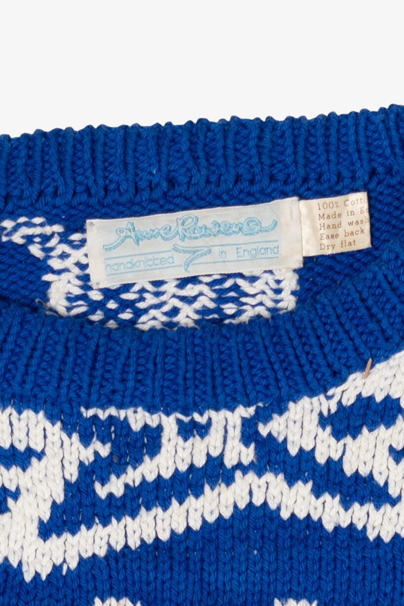 Vintage Blue Hand Knit 80s Sweater (1980s)