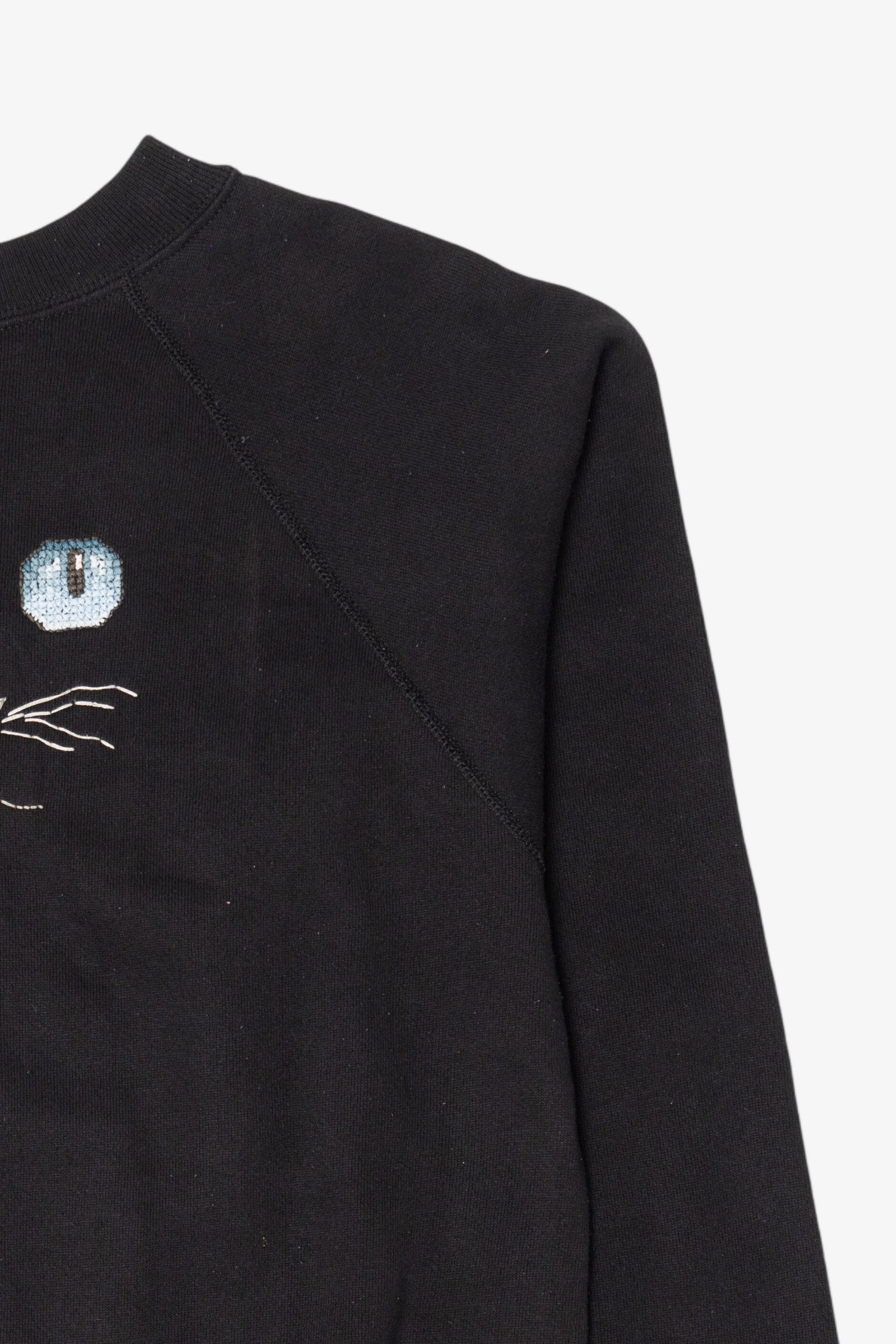 Vintage Pixel Stitch Embroidery Cat Face Raglan Sweatshirt (1990s)