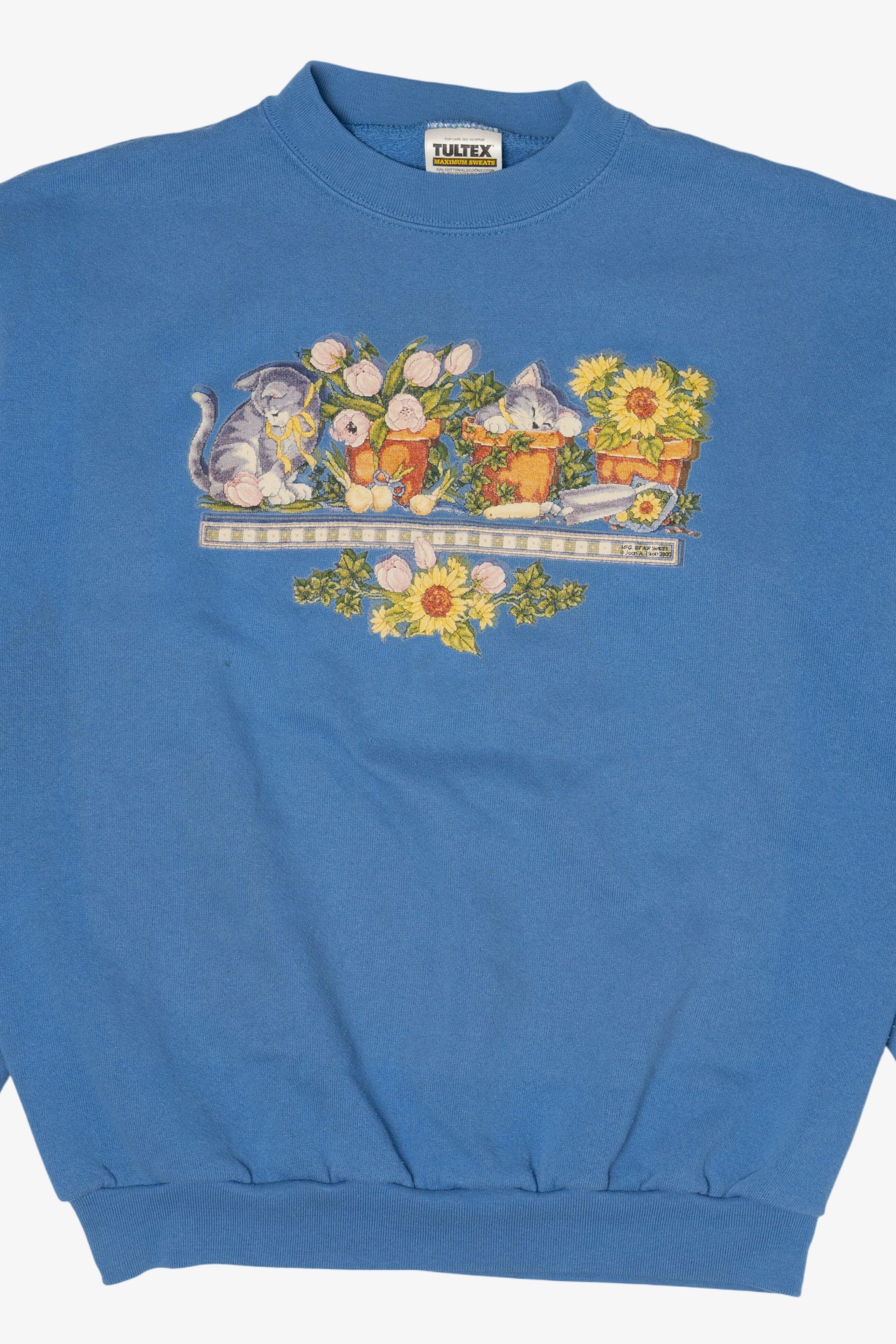 Vintage Blue Kittens And Flowerpots Tultex Sweatshirt (2000s)